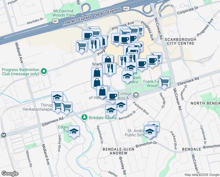 map of restaurants, bars, coffee shops, grocery stores, and more near 115 Omni Drive in Toronto