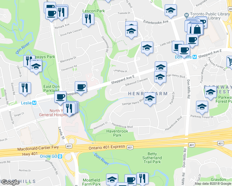 map of restaurants, bars, coffee shops, grocery stores, and more near 21 Denver Crescent in Toronto