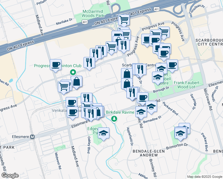map of restaurants, bars, coffee shops, grocery stores, and more near in Toronto