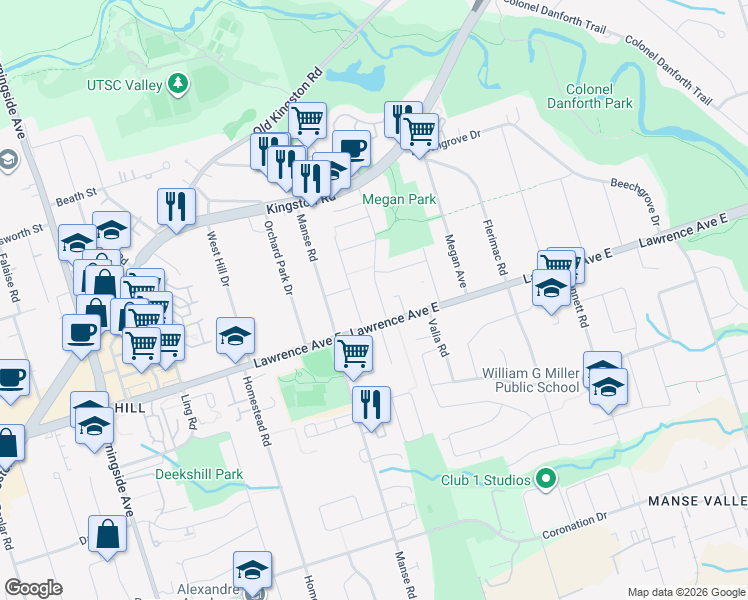 map of restaurants, bars, coffee shops, grocery stores, and more near 26 Asterfield Drive in Toronto