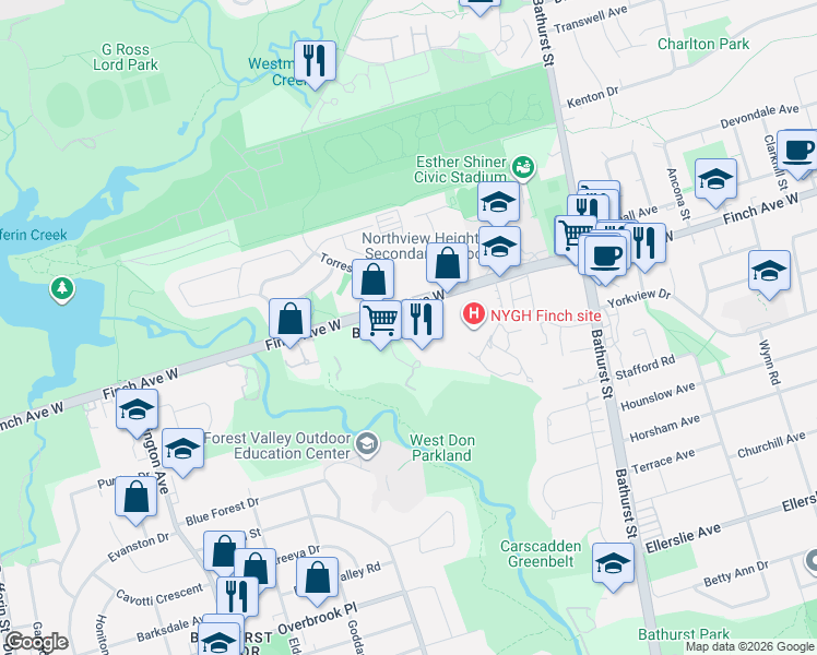 map of restaurants, bars, coffee shops, grocery stores, and more near 11 Goldfinch Court in Toronto