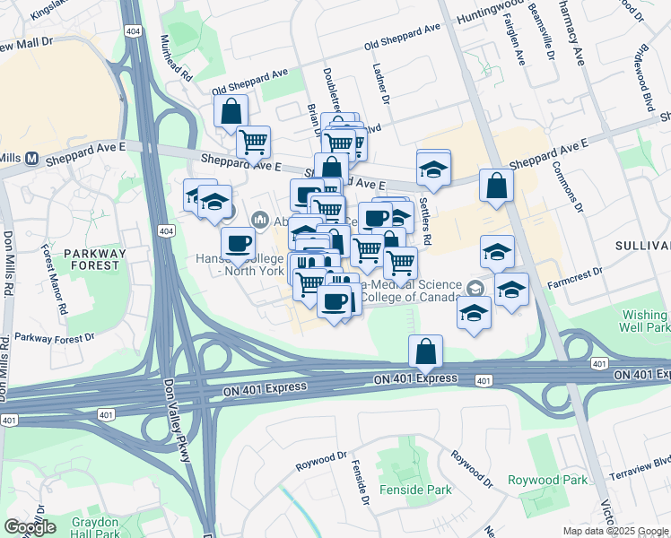 map of restaurants, bars, coffee shops, grocery stores, and more near in Toronto