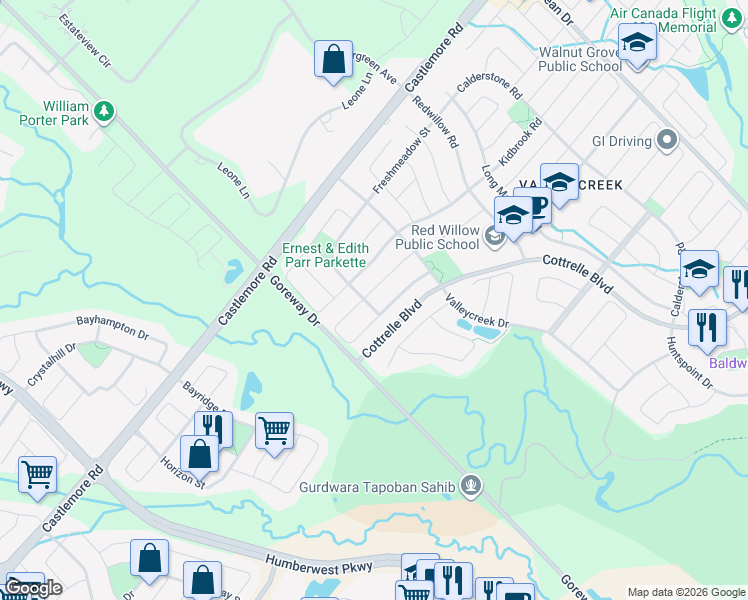 map of restaurants, bars, coffee shops, grocery stores, and more near 57 Princess Valley Crescent in Brampton