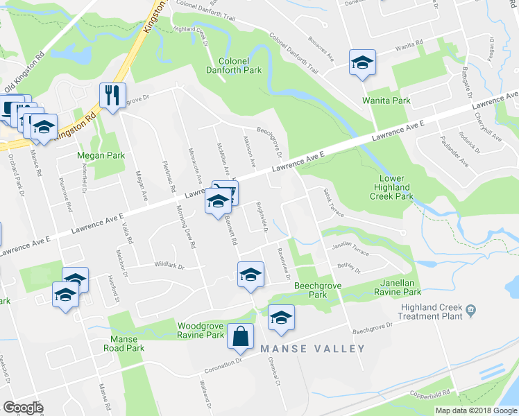 map of restaurants, bars, coffee shops, grocery stores, and more near 22 Brightside Drive in Toronto