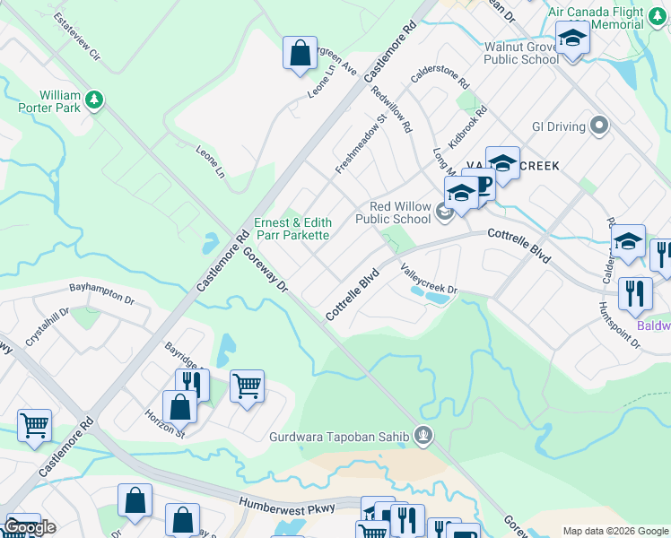 map of restaurants, bars, coffee shops, grocery stores, and more near 5 Summershade Street in Brampton