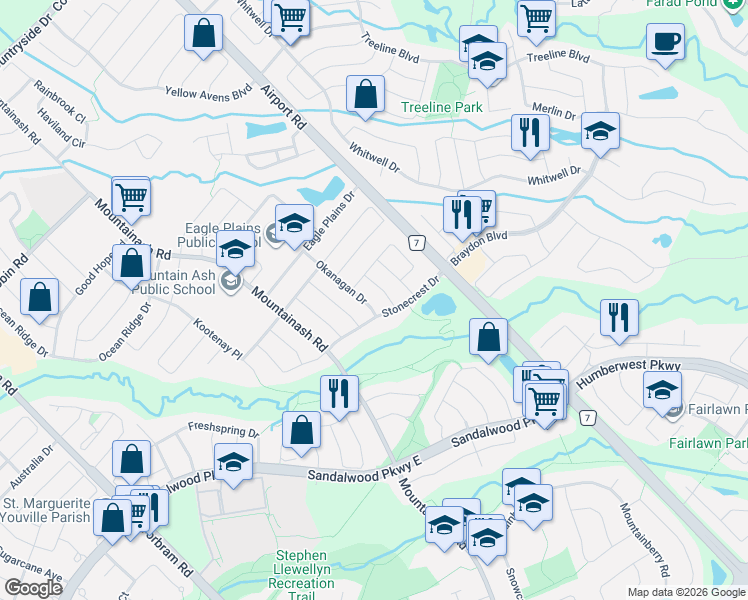 map of restaurants, bars, coffee shops, grocery stores, and more near 2 Okanagan Drive in Brampton