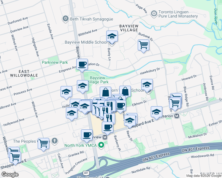 map of restaurants, bars, coffee shops, grocery stores, and more near 38 Foxwarren Drive in Toronto