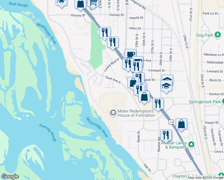 map of restaurants, bars, coffee shops, grocery stores, and more near 3536 East Avenue South in La Crosse