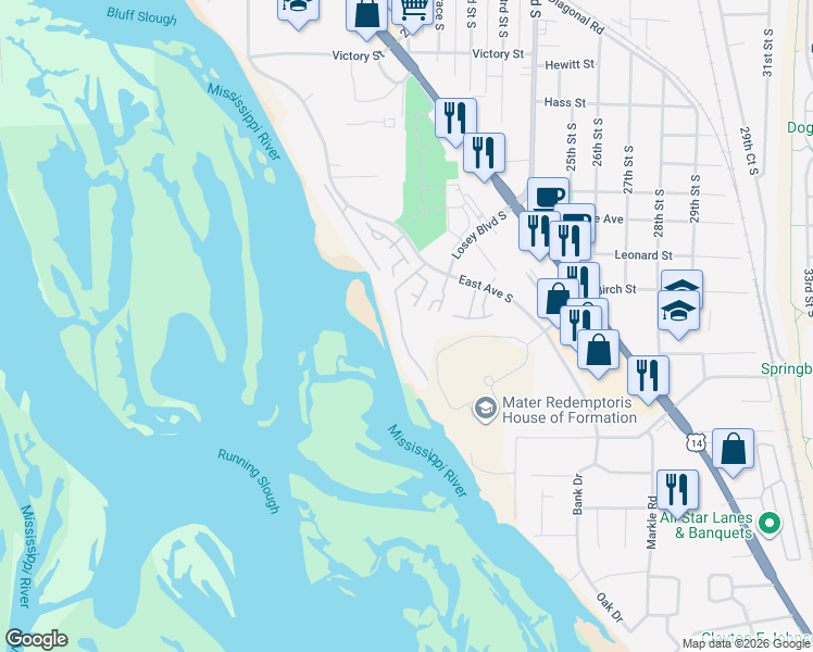 map of restaurants, bars, coffee shops, grocery stores, and more near 3475 Woodbridge Court in La Crosse