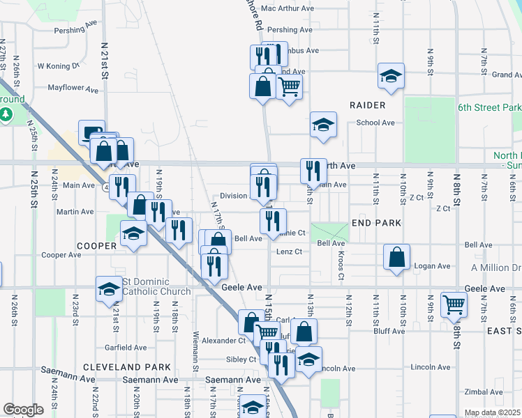 map of restaurants, bars, coffee shops, grocery stores, and more near 2506 North 15th Street in Sheboygan