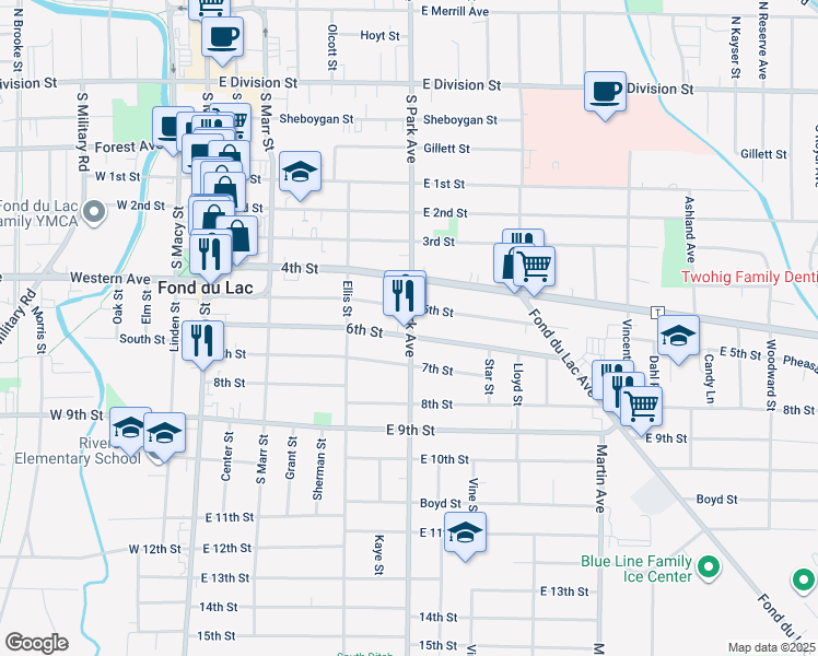 map of restaurants, bars, coffee shops, grocery stores, and more near 220 U.S. 45 in Fond du Lac