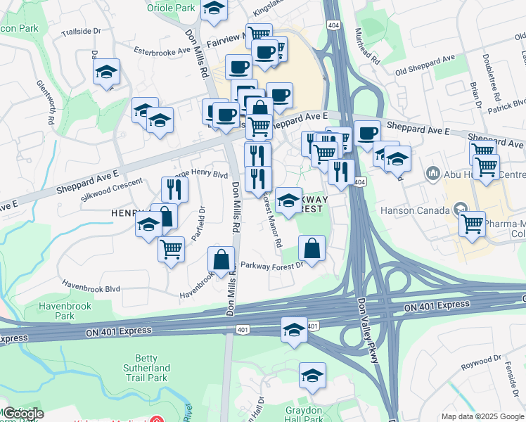 map of restaurants, bars, coffee shops, grocery stores, and more near 36 Forest Manor Road in Toronto