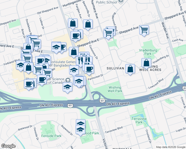 map of restaurants, bars, coffee shops, grocery stores, and more near 2 Nobert Road in Toronto