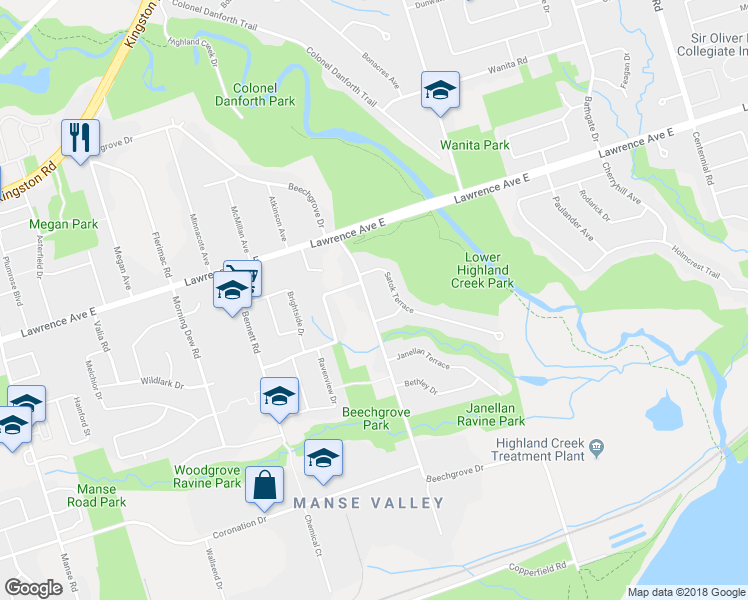 map of restaurants, bars, coffee shops, grocery stores, and more near 219 Beechgrove Drive in Toronto