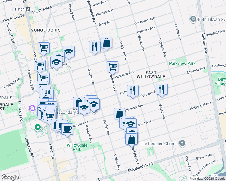 map of restaurants, bars, coffee shops, grocery stores, and more near 316 Willowdale Avenue in Toronto