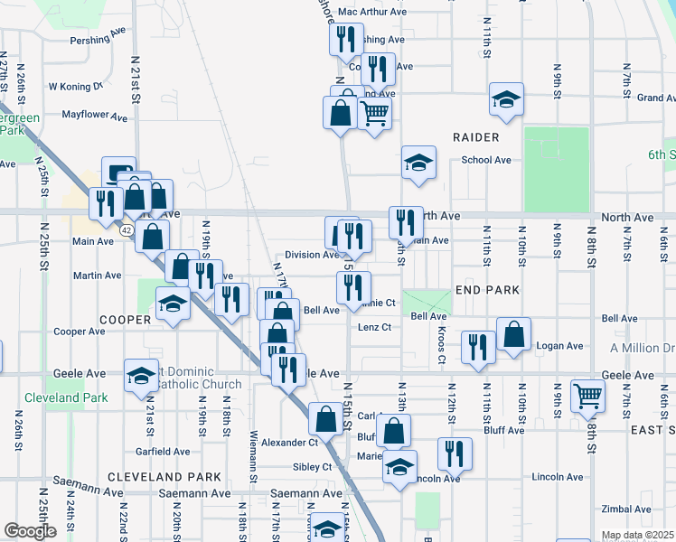 map of restaurants, bars, coffee shops, grocery stores, and more near 2506 North 15th Street in Sheboygan