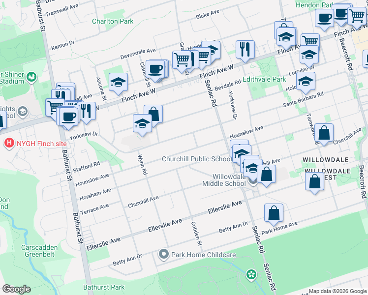map of restaurants, bars, coffee shops, grocery stores, and more near 372B Hounslow Avenue in Toronto