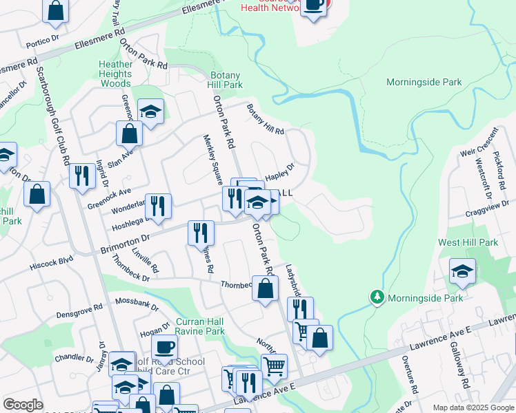 map of restaurants, bars, coffee shops, grocery stores, and more near 3 Botany Hill Road in Toronto