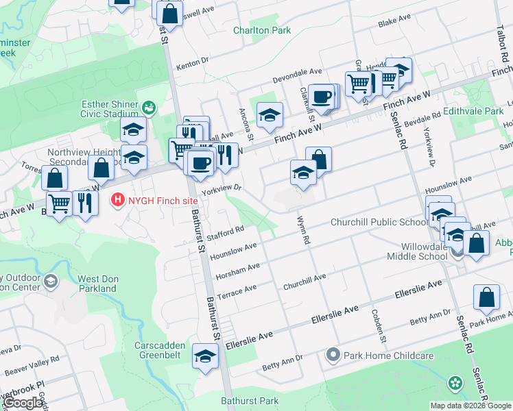 map of restaurants, bars, coffee shops, grocery stores, and more near 159 Yorkview Drive in Toronto