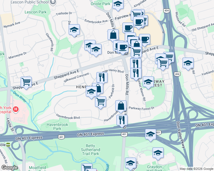 map of restaurants, bars, coffee shops, grocery stores, and more near 24 Meadowglade Crescent in Toronto
