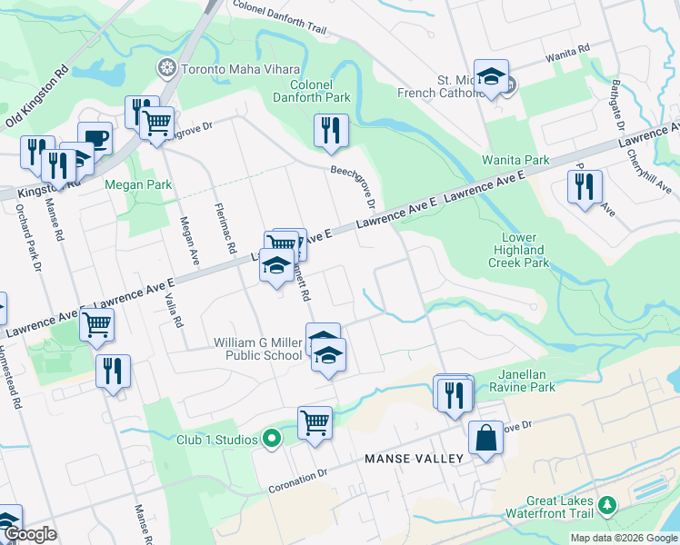 map of restaurants, bars, coffee shops, grocery stores, and more near 22 Brightside Drive in Toronto