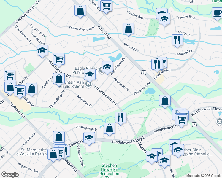 map of restaurants, bars, coffee shops, grocery stores, and more near 20 Mountain Gorge Road in Brampton