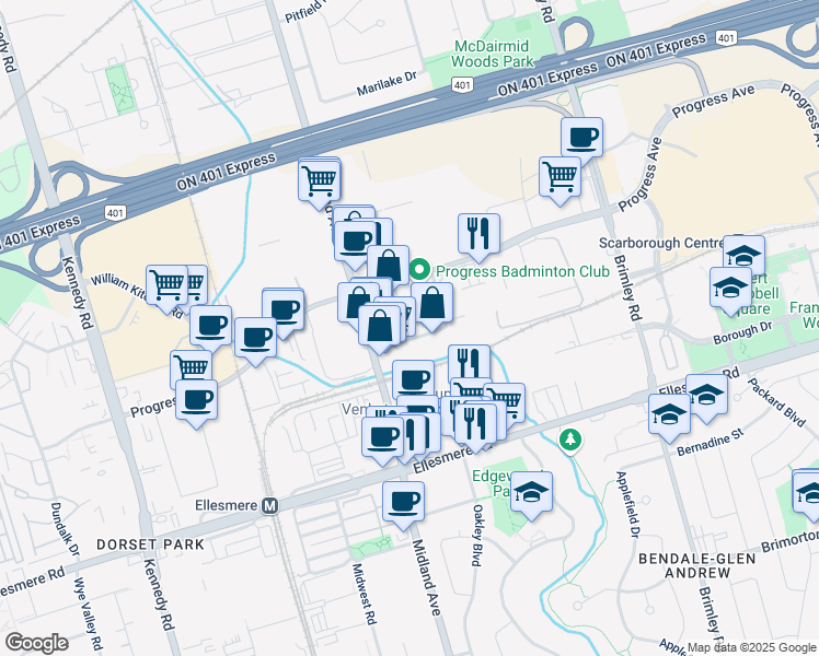 map of restaurants, bars, coffee shops, grocery stores, and more near 14 Cosentino Drive in Toronto