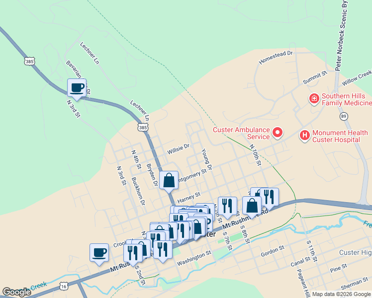 map of restaurants, bars, coffee shops, grocery stores, and more near 432 Willsie Drive in Custer