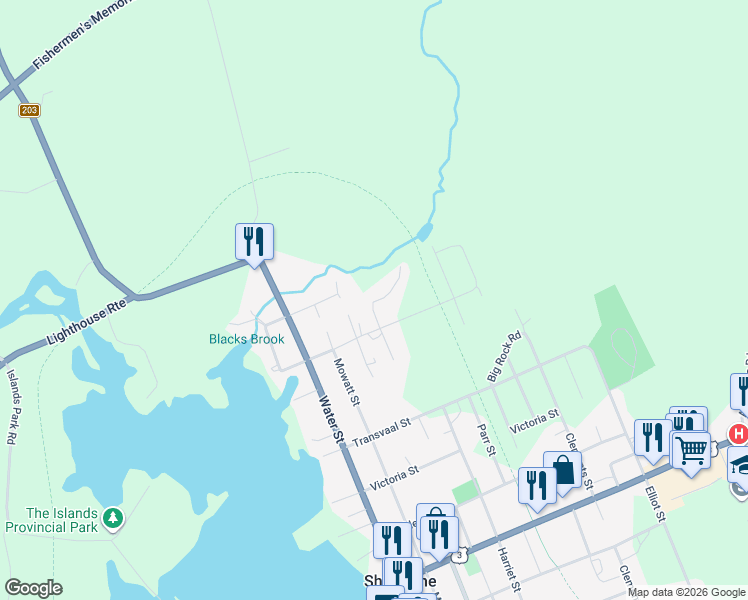 map of restaurants, bars, coffee shops, grocery stores, and more near Glasgow Street in Shelburne