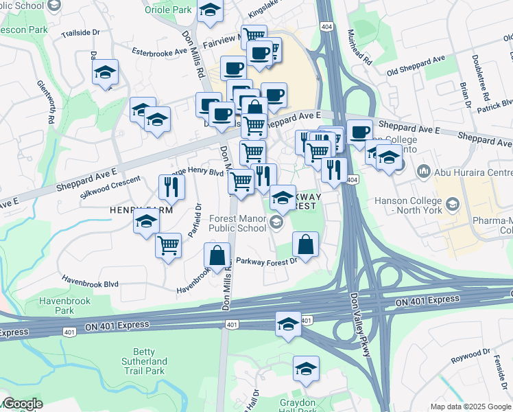 map of restaurants, bars, coffee shops, grocery stores, and more near in Toronto