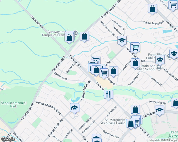 map of restaurants, bars, coffee shops, grocery stores, and more near 20 Arctic Fox Crescent in Brampton