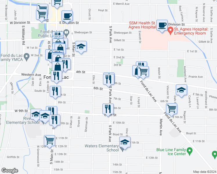 map of restaurants, bars, coffee shops, grocery stores, and more near 182 6th Street in Fond du Lac