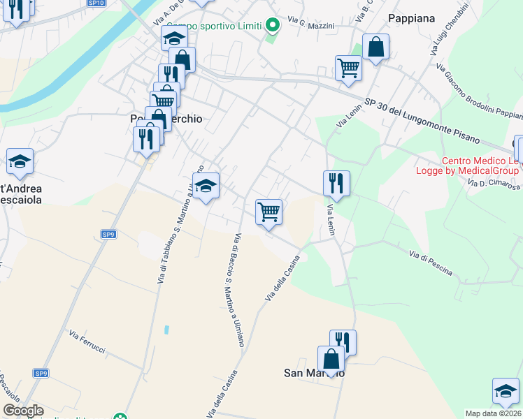 map of restaurants, bars, coffee shops, grocery stores, and more near 13 Via di Calcinaia San Martino a Ulmiano in Pontasserchio