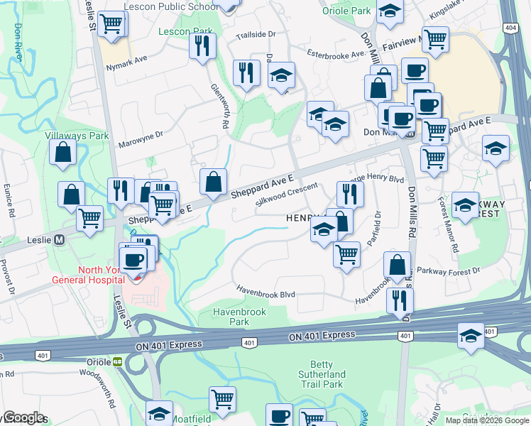 map of restaurants, bars, coffee shops, grocery stores, and more near 32 Denver Crescent in Toronto
