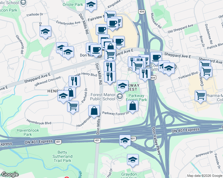 map of restaurants, bars, coffee shops, grocery stores, and more near 38 Forest Manor Road in Toronto