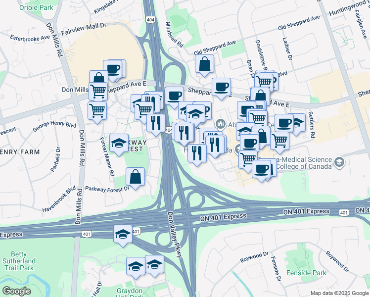 map of restaurants, bars, coffee shops, grocery stores, and more near in Toronto