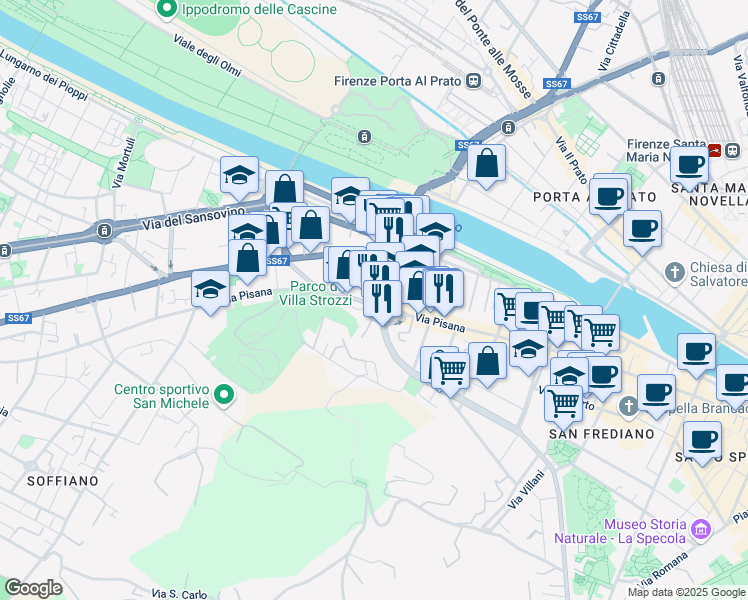 map of restaurants, bars, coffee shops, grocery stores, and more near 126 Via Pisana in Firenze