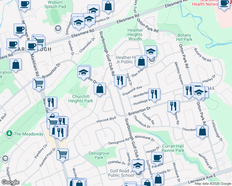 map of restaurants, bars, coffee shops, grocery stores, and more near 880 Scarborough Golf Club Road in Toronto