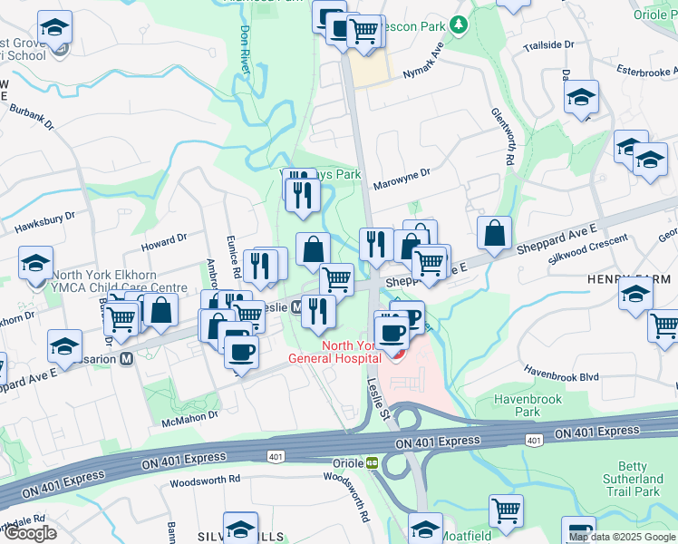 map of restaurants, bars, coffee shops, grocery stores, and more near 2852 Old Leslie Street in Toronto