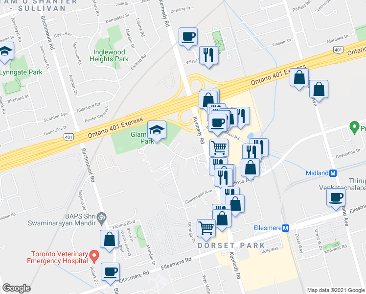 map of restaurants, bars, coffee shops, grocery stores, and more near 20 Antrim Crescent in Toronto