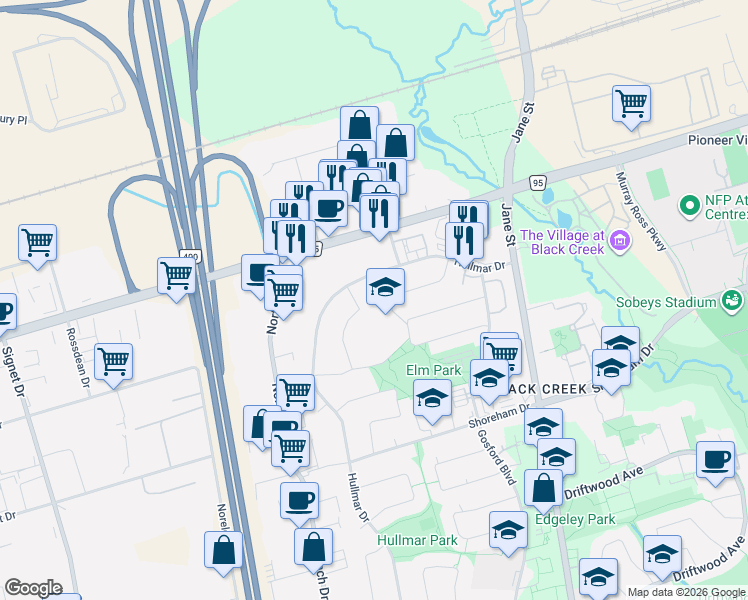 map of restaurants, bars, coffee shops, grocery stores, and more near 45 Wheelwright Crescent in Toronto