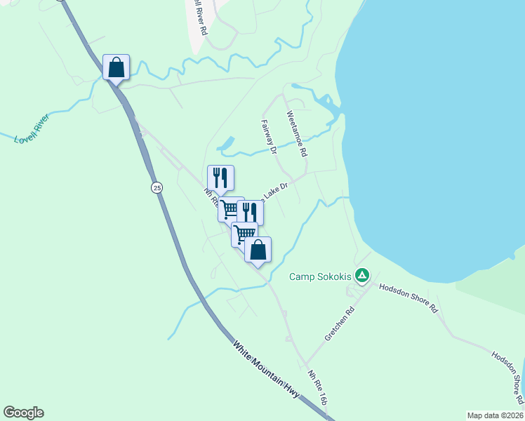 map of restaurants, bars, coffee shops, grocery stores, and more near 8 Golfview Drive in Ossipee