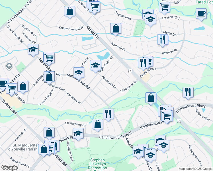 map of restaurants, bars, coffee shops, grocery stores, and more near 19 Falling Rock Drive in Brampton