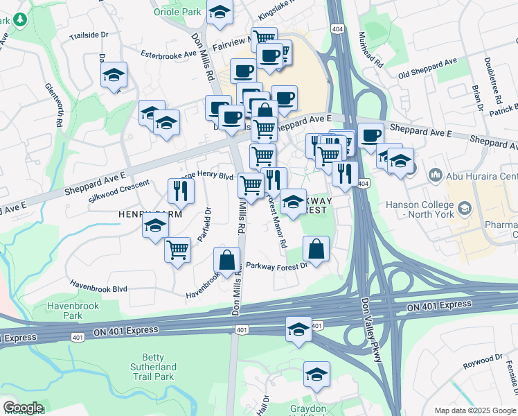 map of restaurants, bars, coffee shops, grocery stores, and more near 38 Forest Manor Road in Toronto
