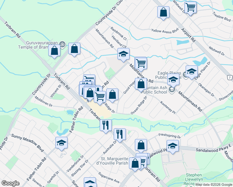 map of restaurants, bars, coffee shops, grocery stores, and more near in Brampton