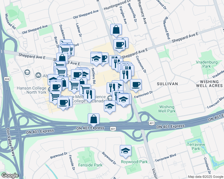 map of restaurants, bars, coffee shops, grocery stores, and more near 500 Consumers Road in Toronto