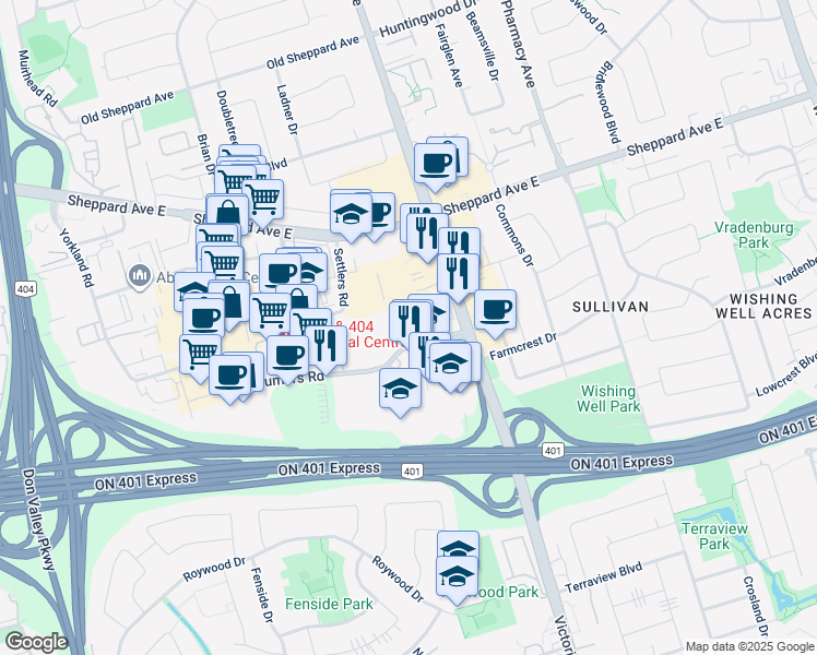 map of restaurants, bars, coffee shops, grocery stores, and more near 500 Consumers Road in Toronto