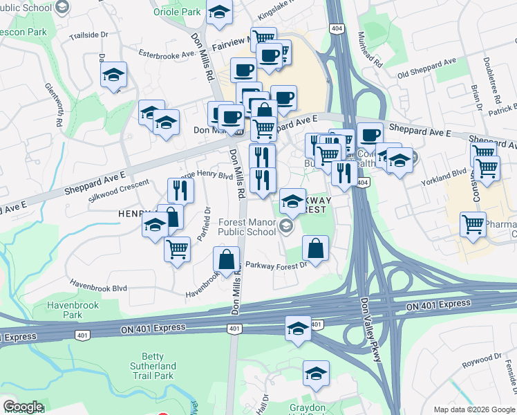 map of restaurants, bars, coffee shops, grocery stores, and more near 38 Forest Manor Road in Toronto