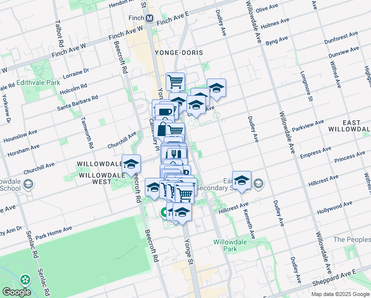 map of restaurants, bars, coffee shops, grocery stores, and more near 260 Doris Avenue in Toronto