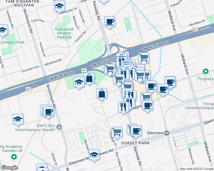 map of restaurants, bars, coffee shops, grocery stores, and more near in Toronto